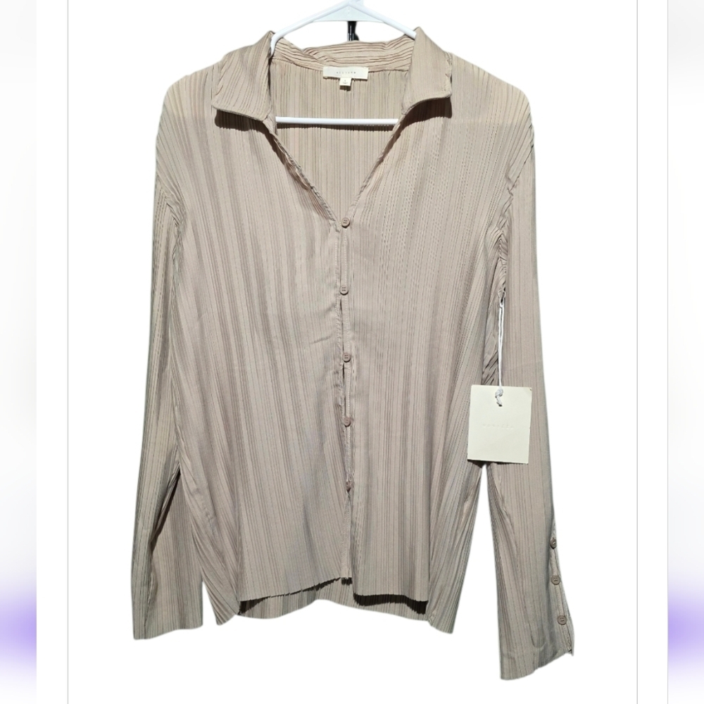 All Row Pleated Beige Blouse SET NWT Top PTP 24 Pants 38 Stretch - Picture 3 of 6